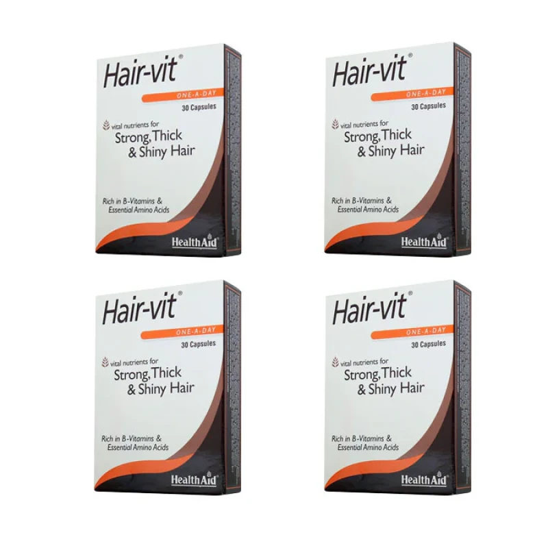 کپسول تقویت مو هلث اید Hair-vit بسته 120 عددی، حاوی ویتامین‌های گروه B و آمینو اسیدهای ضروری، مناسب استحکام، ضخامت و درخشندگی مو، مصرف روزانه یک عدد