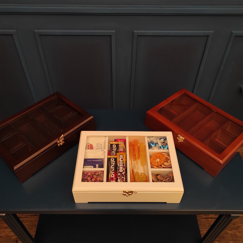 جعبه پذیرایی 8 بخشی پایه چوبی جنس MDF برای دمنوش، تنقلات و چای کیسه‌ای