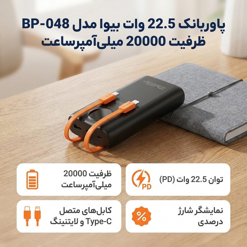 پاوربانک 22.5 وات بیوا مدل BP-048 ظرفیت 20000 میلی‌آمپرساعت به همراه دو عدد کابل Type-C و لایتنینگ