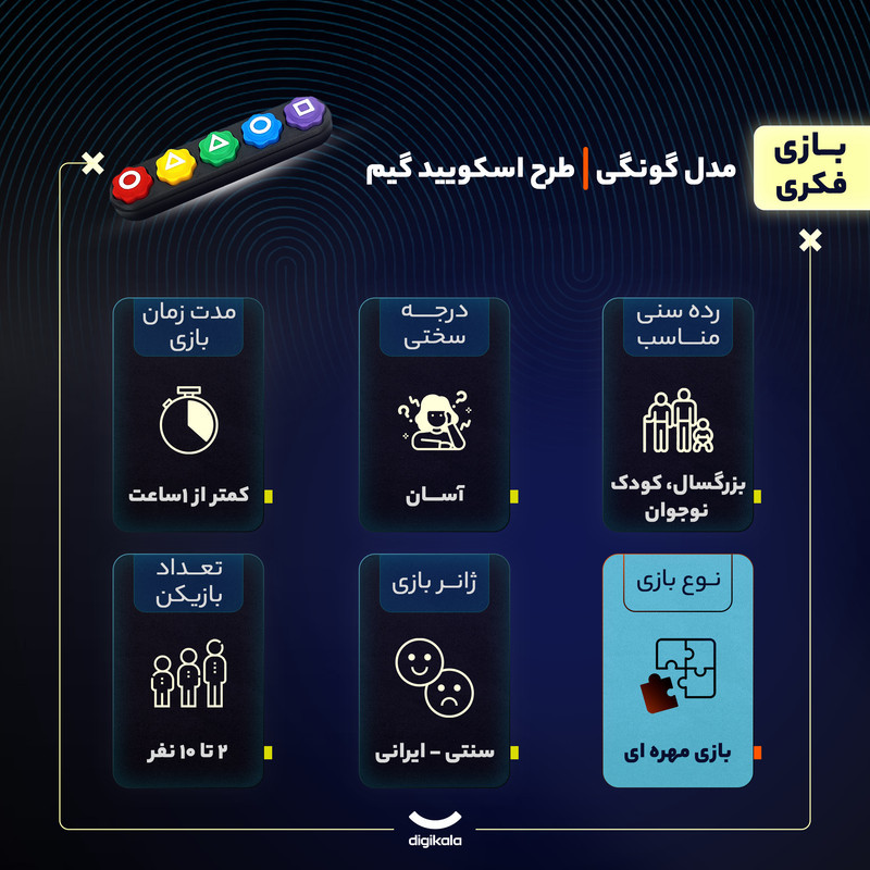 بازی فکری مهره‌ای گونگی مدل اسکویید گیم مناسب 2 تا 10 نفر، افزایش سرعت عمل و تمرکز، درجه سختی آسان، جنس مهره پلاستیکی، همراه با جعبه مهره، مناسب کودکان و بزرگسالان