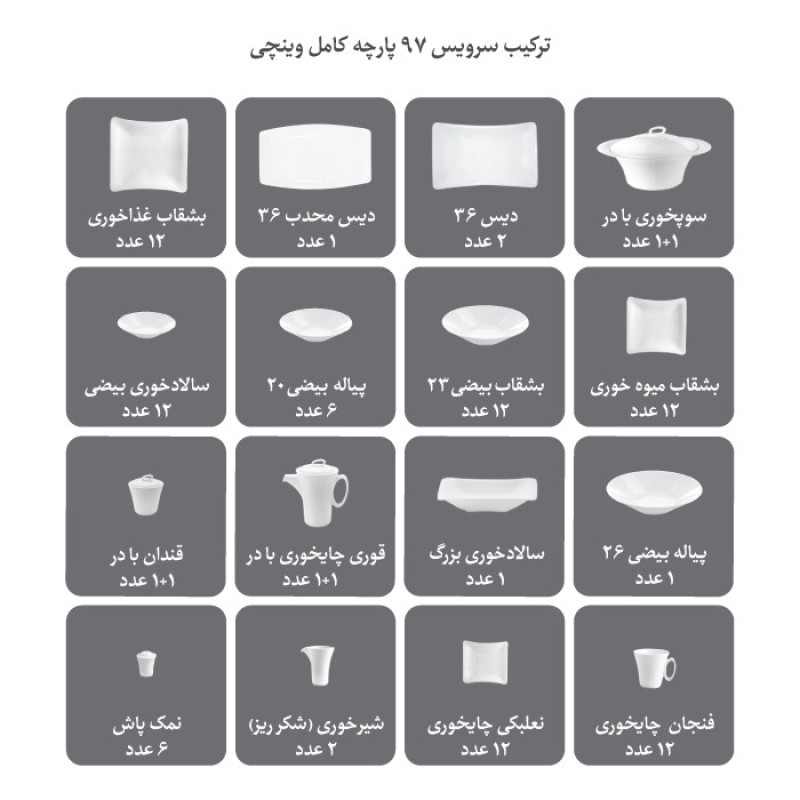 سرویس غذاخوری 97 پارچه چینی زرین ایران مدل سپینود درجه یک