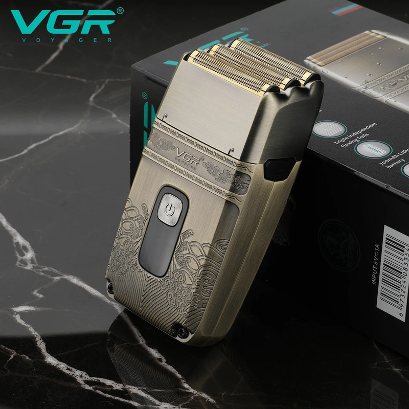 ماشین اصلاح موی صورت وی جی ار مدل V-335 با موتور 4500 دور در دقیقه، 3 تیغه فویلی، باتری 700 میلی‌آمپر ساعت، نمایشگر شارژ، طراحی ارگونومیک و مقاوم در برابر آب با قابلیت استفاده زیر دوش و شارژ USB