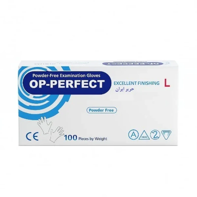 دستکش لاتکس غیر پودری حریر مدل اوپی پرفکت سایز بزرگ (L) بسته 100 عددی
