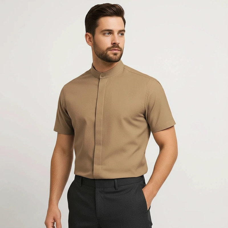 پیراهن آستین کوتاه یقه ایستاده با تنخور معمولی (regular fit) مردانه مدل رهاورد کد KERM