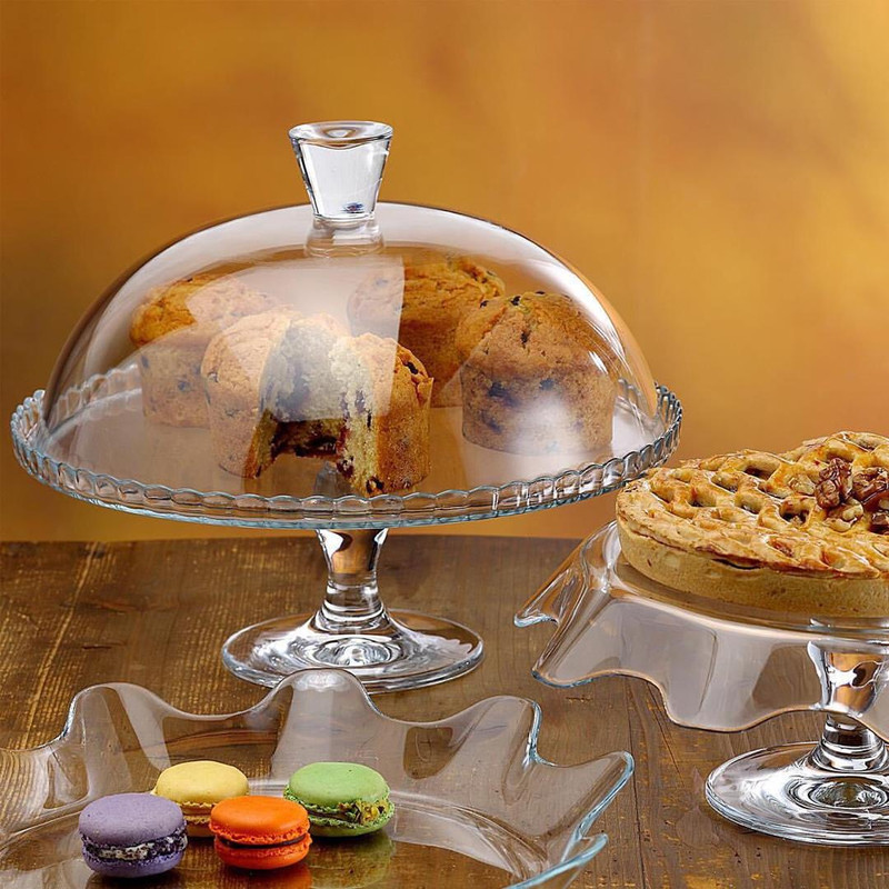 ظرف کیک‌خوری پایه‌دار پاشاباغچه با در شیشه‌ای مدل 95200، جنس کریستال، ابعاد 26×32×32 سانتی‌متر، وزن 3233 گرم، مناسب استفاده در یخچال و مایکروویو و شستشو با ماشین ظرفشویی