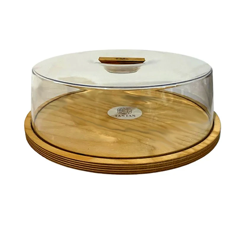 ظرف کیک چوبی تن تن مدل Raika با سینی قطر 32cm و درب طلقی شفاف با دسته چوبی، قابل شست‌وشو با دست