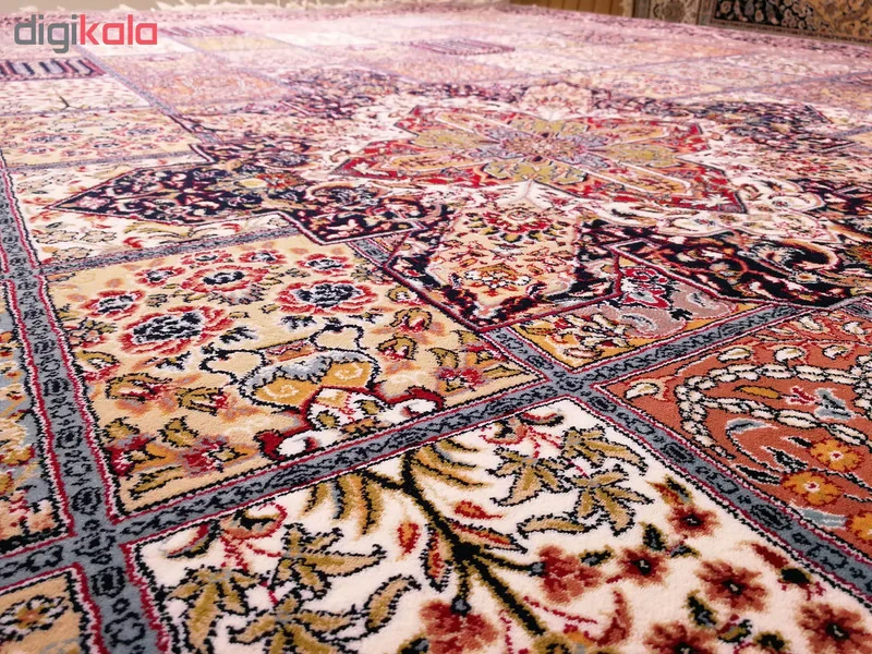 فرش ماشینی زمرد مشهد طرح خشتی مدل ترنج زمینه آبی