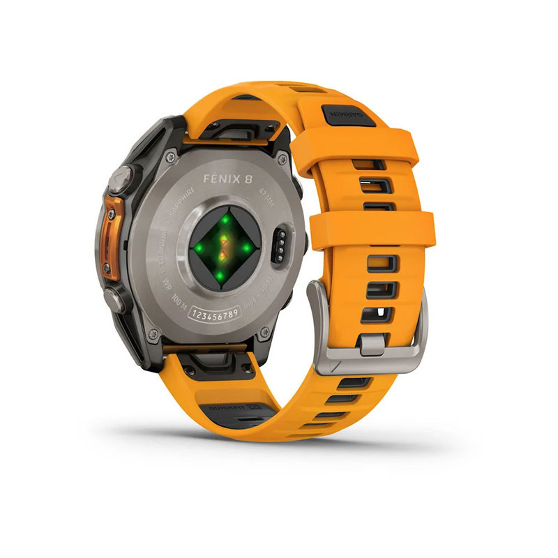 ساعت هوشمند گارمین مدل Fenix 8 - 47mm دارای قابلیت های صفحه نمایش لمسی، کنترل موسیقی، کنترل سطح اکسیژن خون، ضد آب، بند سیلیکون