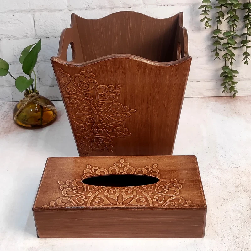 ست سطل و جعبه دستمال کاغذی طرح منبت