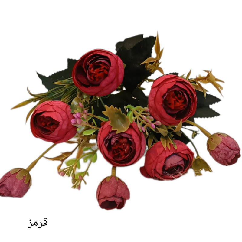 گل مصنوعی بوته نسترن مینیاتوری، 8 گل با 5 بازو، گل‌های پارچه‌ای و ساقه پلاستیکی، ارتفاع 25 سانتی‌متر، قطر سرگل 3 سانتی‌متر مناسب گلدان کوچک رومیزی و دیزاین دسته گل