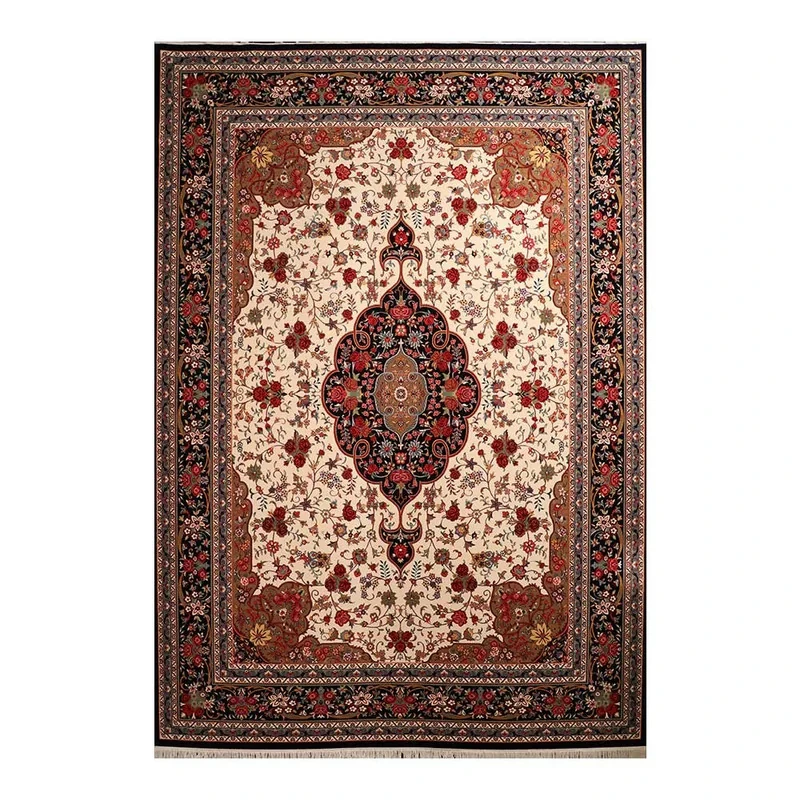 فرش ماشینی 700 شانه زمینه کرم حاشیه سرمه ای مدل شاهکار نوین کد N083-2509