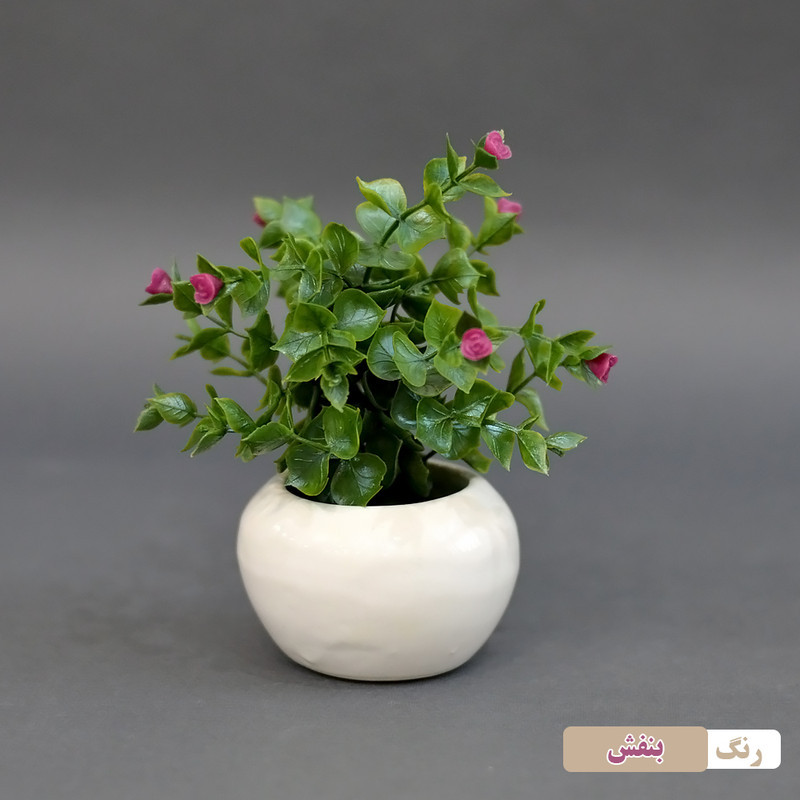گلدان به همراه گل مصنوعی بوته شمشاد، ابعاد 10×10×18 سانتی‌متر، وزن 150 گرم