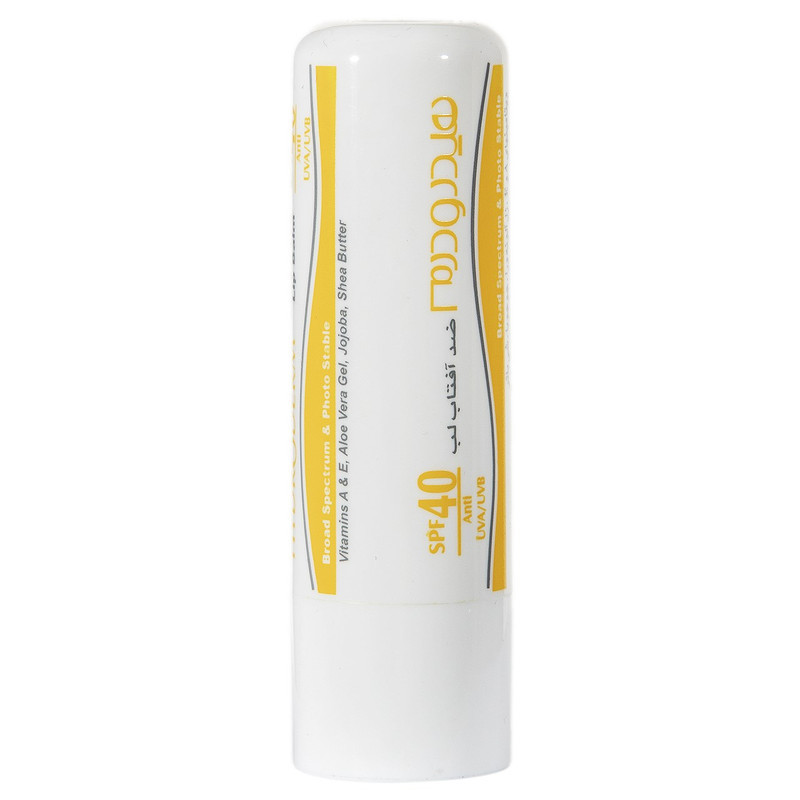 بالم لب هیدرودرم مدل SPF40 مرطوب‌کننده و ضدآفتاب با عصاره آلوئه‌ورا و شی‌باتر، مقاوم در برابر آب و تعریق، مناسب پوست خشک، جامد ماتیکی، وزن 4.5 گرم