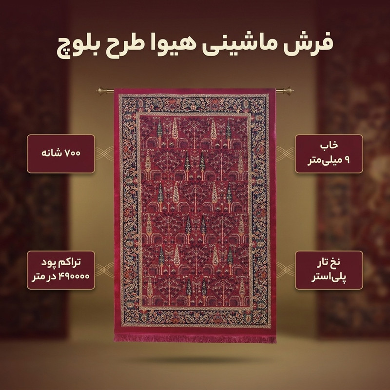 فرش ماشینی 700شانه هیوا زمینه قرمز حاشیه سرمه ای طرح بلوچ کد 505