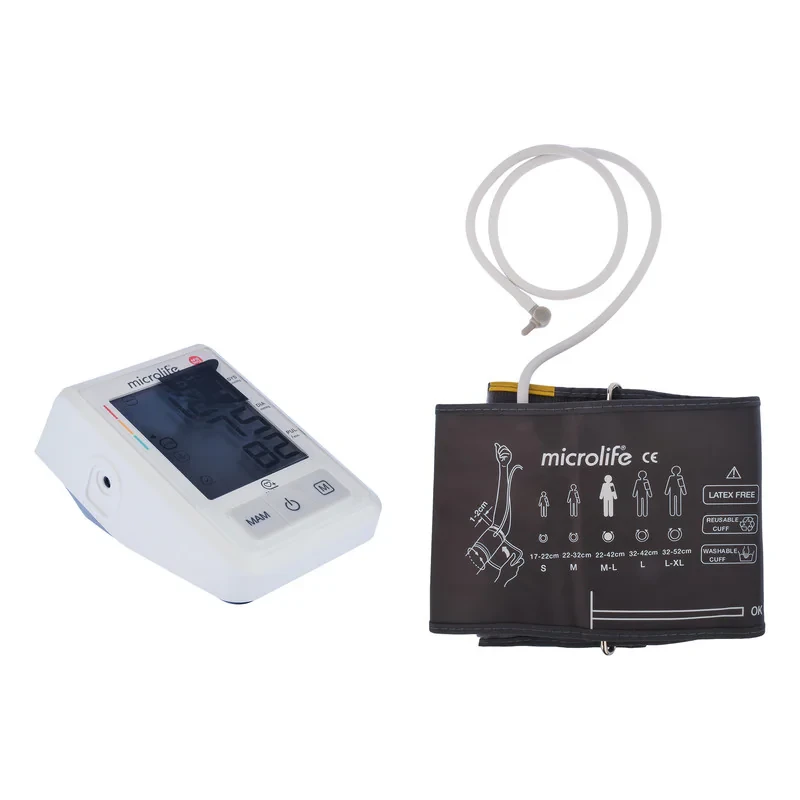 فشارسنج بازویی دیجیتال مایکرولایف مدل BP-B3 با حافظه ذخیره نتایج، مناسب بازو 22 تا 42 سانتی‌متر، منبع تغذیه باتری و همراه با کیف نگهدارنده و کاف