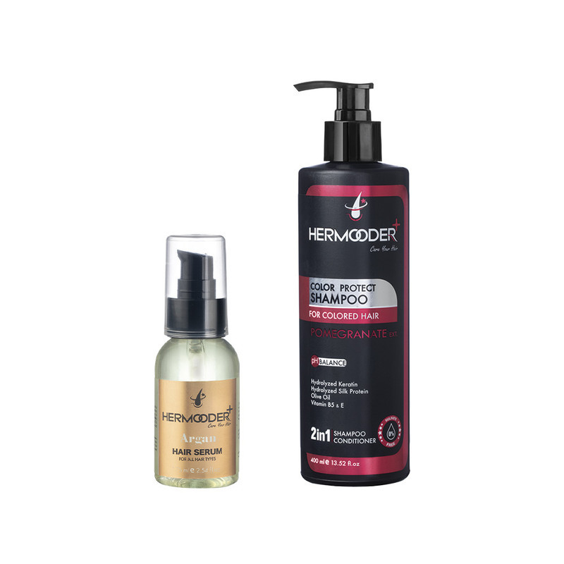 شامپو مو هرمودر مدل Pomegranate Extract مناسب برای مو رنگ شده حجم 400 میلی لیتر به همراه سرم مو هرمودر مدل Argan مناسب برای انواع مو حجم 75 میلی لیتر