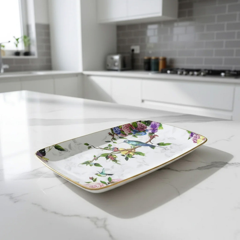 سینی بدون دسته گونول مدل گل و پرنده سایز 33X21 سانتی متر