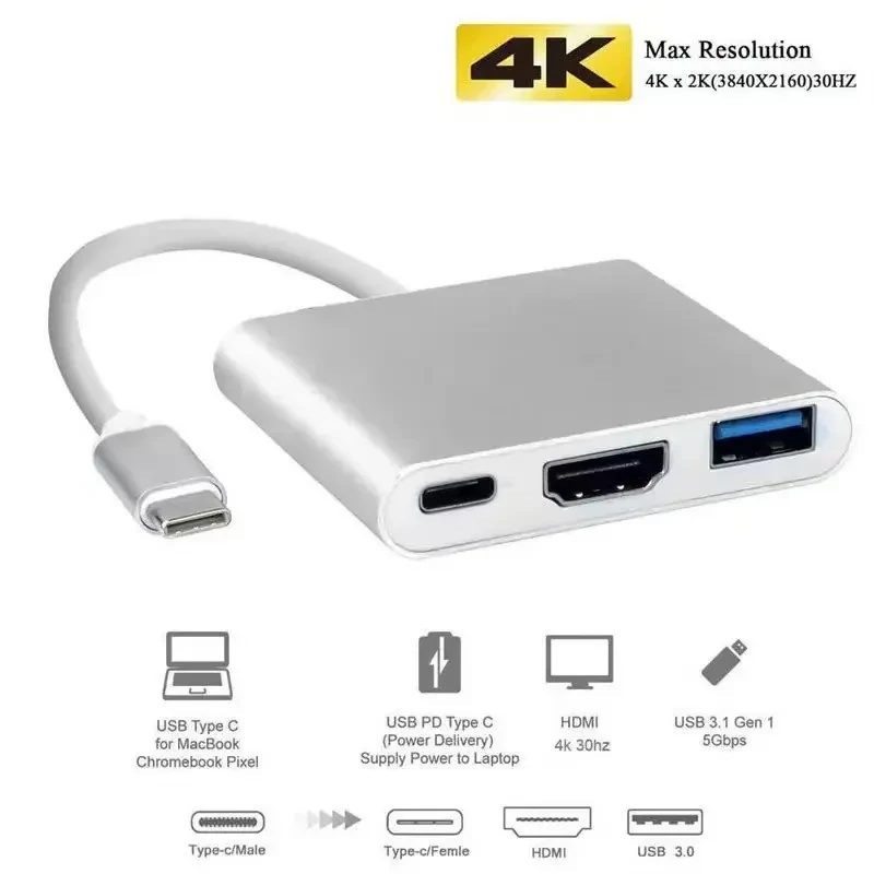 مبدل USB-C به USB-C  USB 3.0  HDMI 4K  مدل Adapter 3 in1