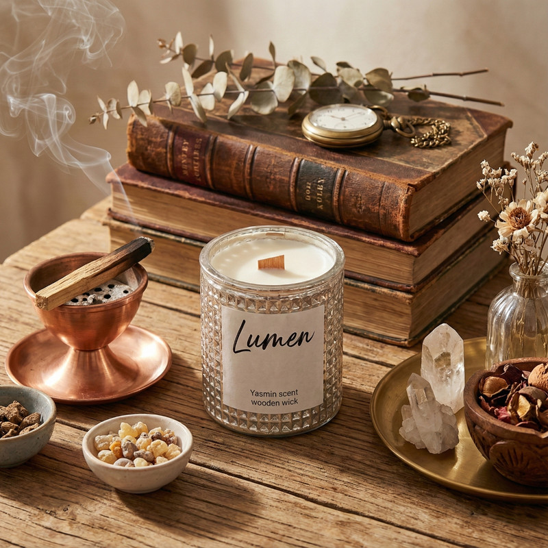 شمع دست‌ساز معطر مدل lumen با رایحه گل یاسمن زمان اتمام ۳۰ ساعت