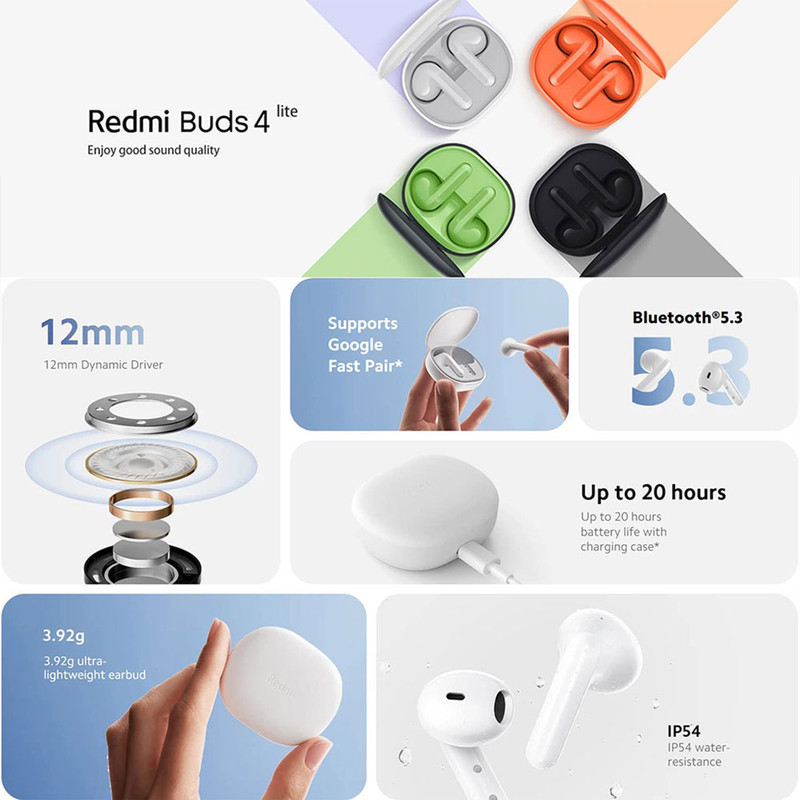 هدفون بلوتوثی شیائومی مدل Redmi Buds 4 Lite بدون قابلیت نویز کنسلینگ، درگاه شارژ USB Type-C، دارای کنترل لمسی و مقاوم در برابر رطوبت و عرق
