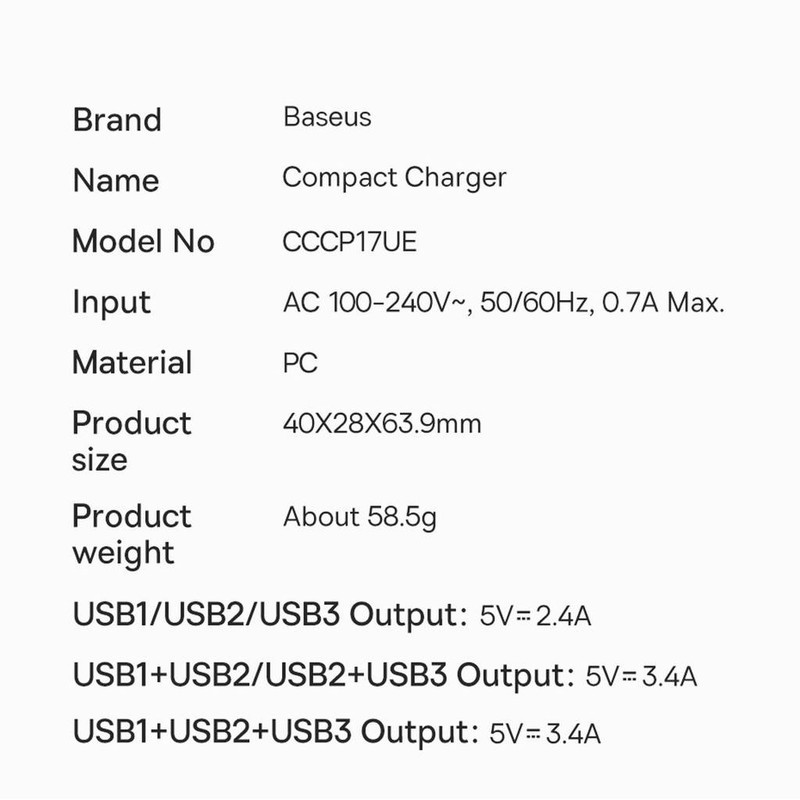 شارژر دیواری باسئوس مدل Compact Charger 3port