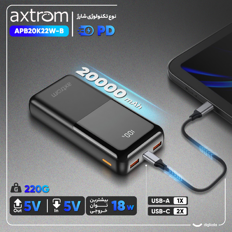 پاوربانک 18 وات اکستروم مدل APB20K22W-B ظرفیت 20000 میلی آمپر ساعت