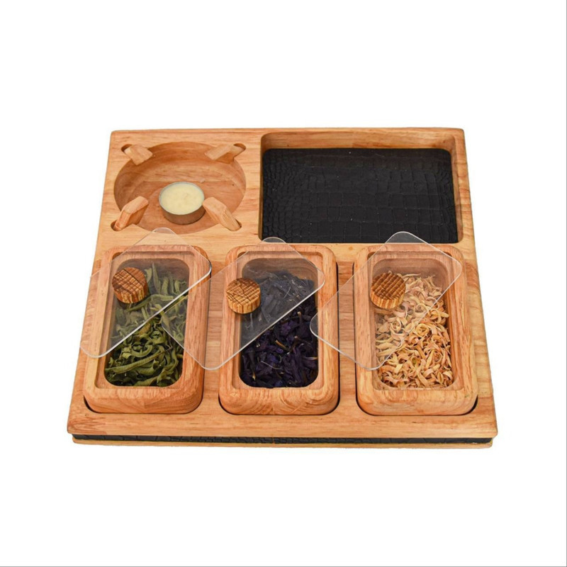 اردوخوری کد 001 چوبی به همراه وارمر، سینی 30×30 سانتی‌متر و ظروف 14×9 سانتی‌متر، وزن 800 گرم، مناسب سرو آجیل و شیرینی