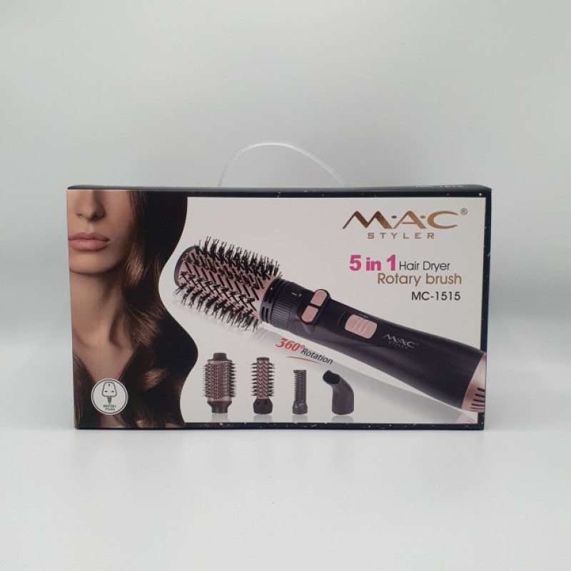 سشوار برس‌دار چرخشی 1200 وات مک استایلر مدل MC_1515، موتور DC، وزن 620 گرم، دارای سری چرخشی با ویژگی حجم‌دهندگی، فرکنندگی