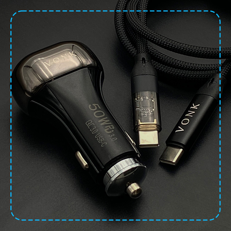 شارژر فندکی 50 وات دو پورت وونک مدل VC--50 به همراه کابل USB-C