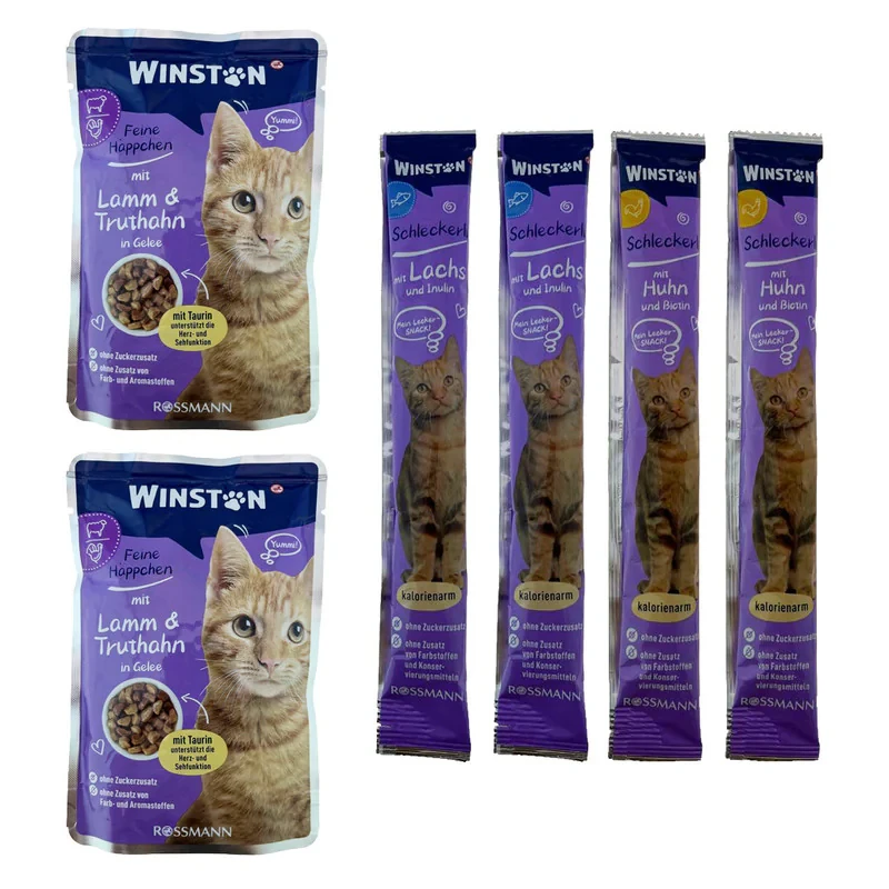 پوج گربه وینستون مدل گوشت بره و بوقلمون در ژله به همراه بستنی گربه مرغ و ماهی مجموعه 6 عددی
