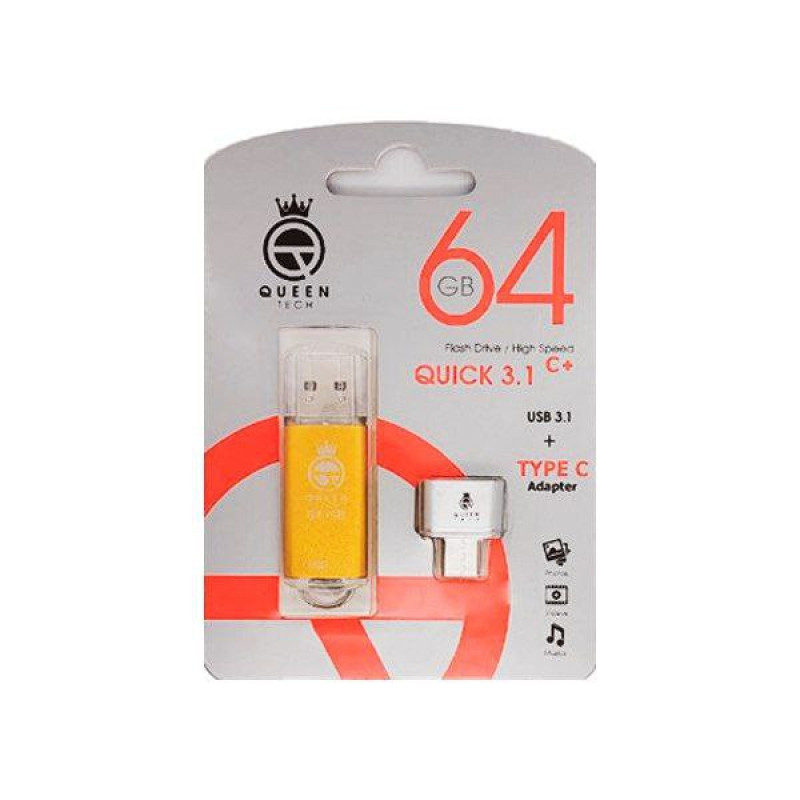 فلش مموری 64 گیگابایت کوئین تک مدل QUICK CPLUS با رابط USB 3.1 Gen1، بدنه فلزی درپوش‌دار، سرعت انتقال 15 مگابایت بر ثانیه و مبدل USB-C سازگار با موبایل، تبلت، کامپیوتر و تلویزیون