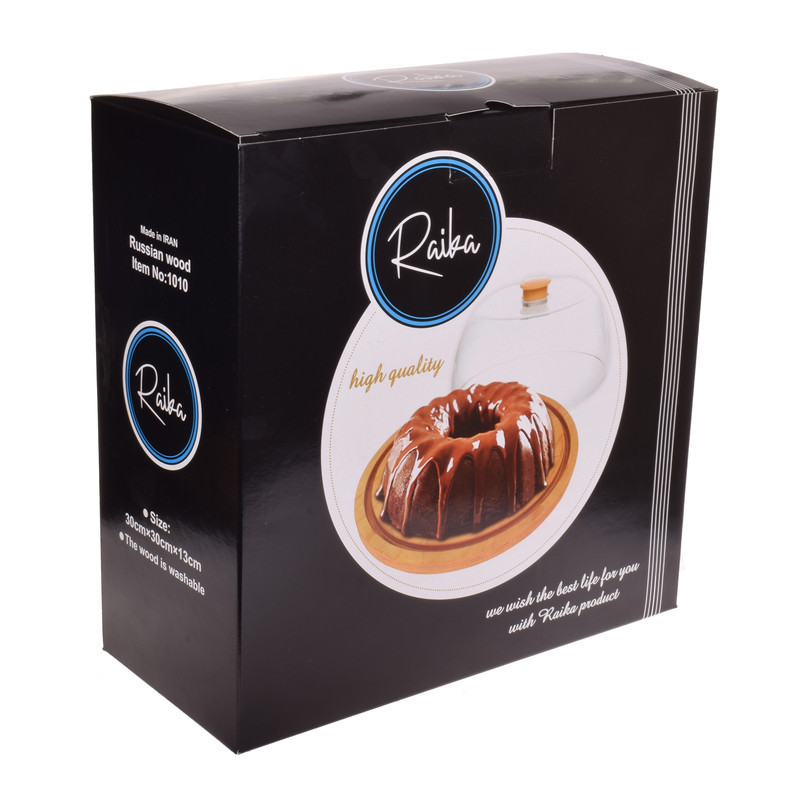 ظرف کیک چوبی با درب طلقی و دستگیره پلاستیکی، قطر 25 cm، ارتفاع 12 cm، قابل شست‌وشو در ماشین ظرفشویی، کد 1010