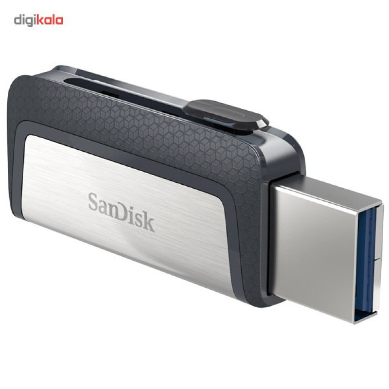 فلش‌مموری سن‌دیسک مدل Ultra Dual Drive USB Type-C ظرفیت 32 گیگابایت با دو درگاه USB3.1 و USB Type-C، سرعت انتقال تا 130 مگابایت بر ثانیه، قابلیت اتصال به گوشی و تبلت، طراحی جمع‌وجور و بدنه ترکیبی فلز و پلاستیک