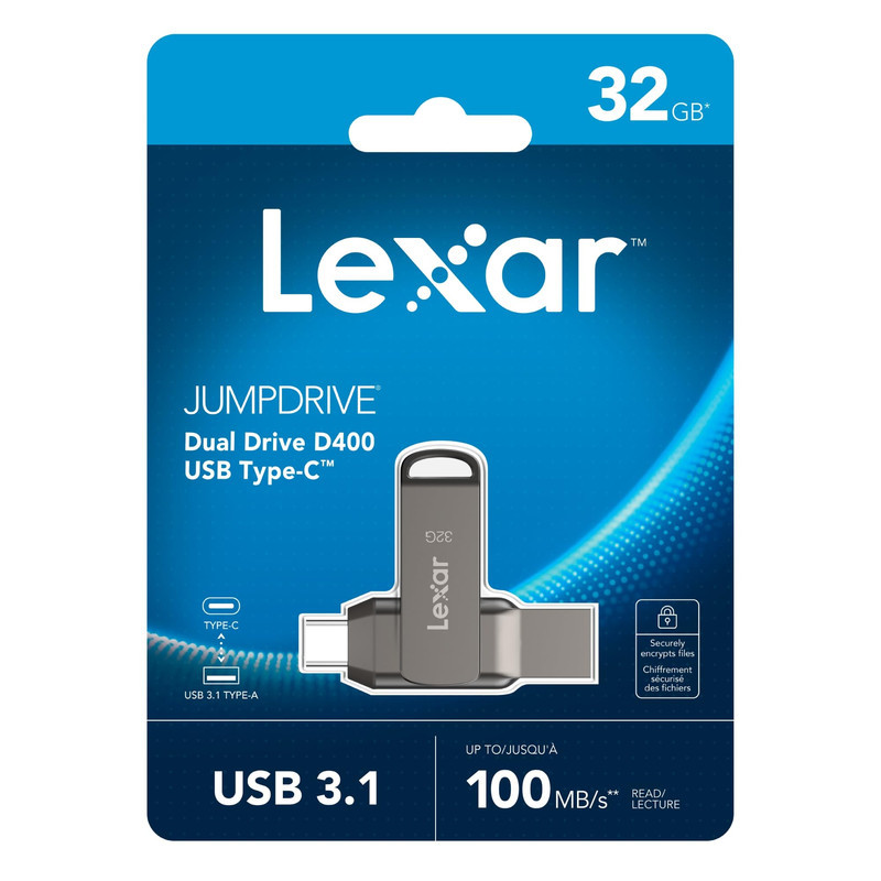 فلش مموری لکسار مدل JumpDrive Dual Drive D400 ظرفیت 32 گیگابایت، دو درگاه USB Type-C و Type-A، سرعت انتقال 130 مگابایت بر ثانیه، مقاوم در برابر آب، ضربه، شوک و گرد و غبار، بدنه فلزی چرخشی و رمزگذاری خودکار اطلاعات