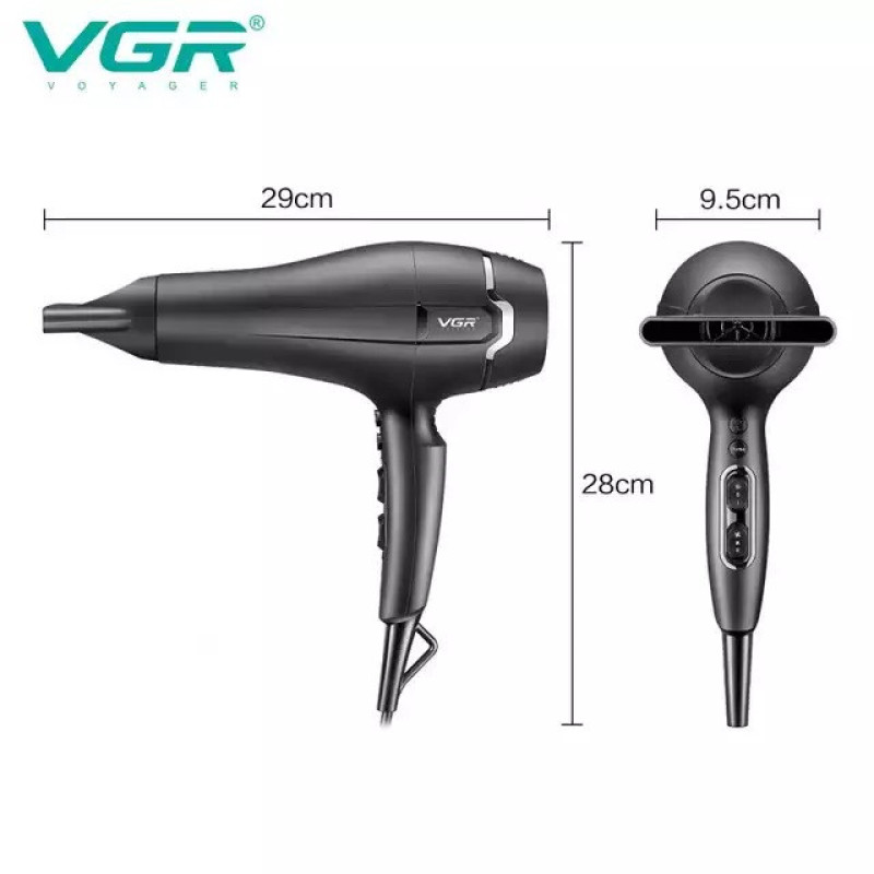 سشوار حرفه‌ای 2400 وات وی جی ار مدل V-450، موتور AC، وزن 950 گرم، دارای سری متمرکز‌کننده باریک، سری شانه‌دار با ویژگی صاف‌کنندگی، حجم‌دهندگی، با قابلیت باد سرد