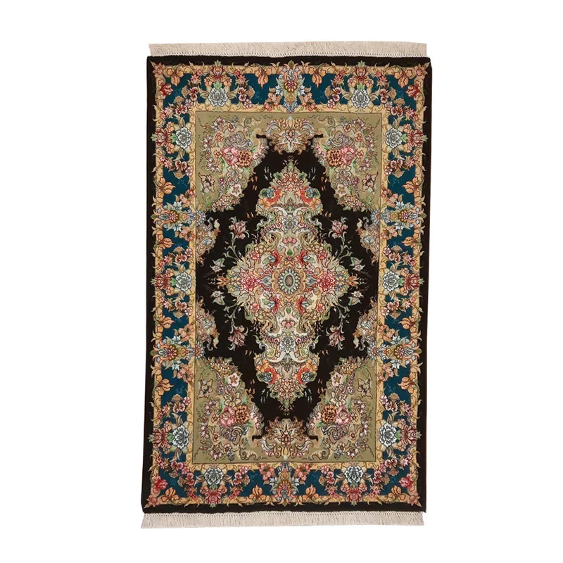 فرش دستبافت یک و نیم متری طرح گل ابریشم بافت تبریز کد NKP.F.12