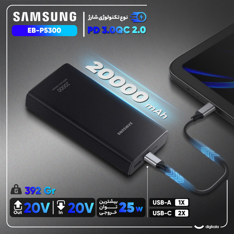پاوربانک 25 وات سامسونگ مدل EB-P5300 ظرفیت 20000 میلی‌آمپرساعت