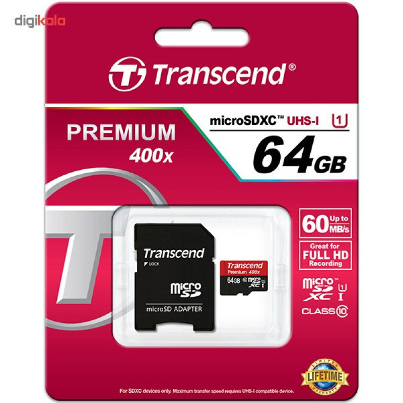 کارت حافظه microSDXC ترنسند مدل Premium کلاس 10 استاندارد UHS-I U1 سرعت 60MBps 400X همراه با آداپتور SD ظرفیت 64 گیگابایت