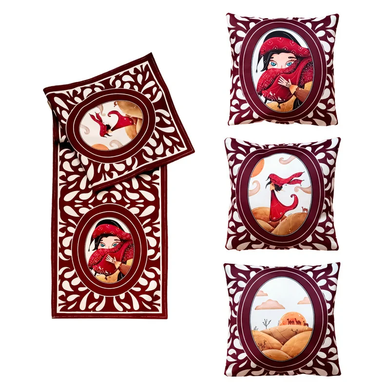 کاور کوسن نقش افرا مدل کولی سایز 30x30 مجموعه سه عددی به همراه رانر رومیزی