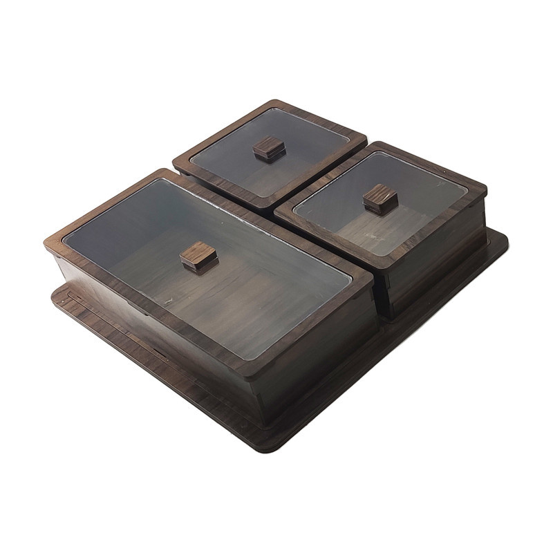 جعبه پذیرایی LZ-5 با درپوش شفاف، 4 عددی روی سینی چوبی
