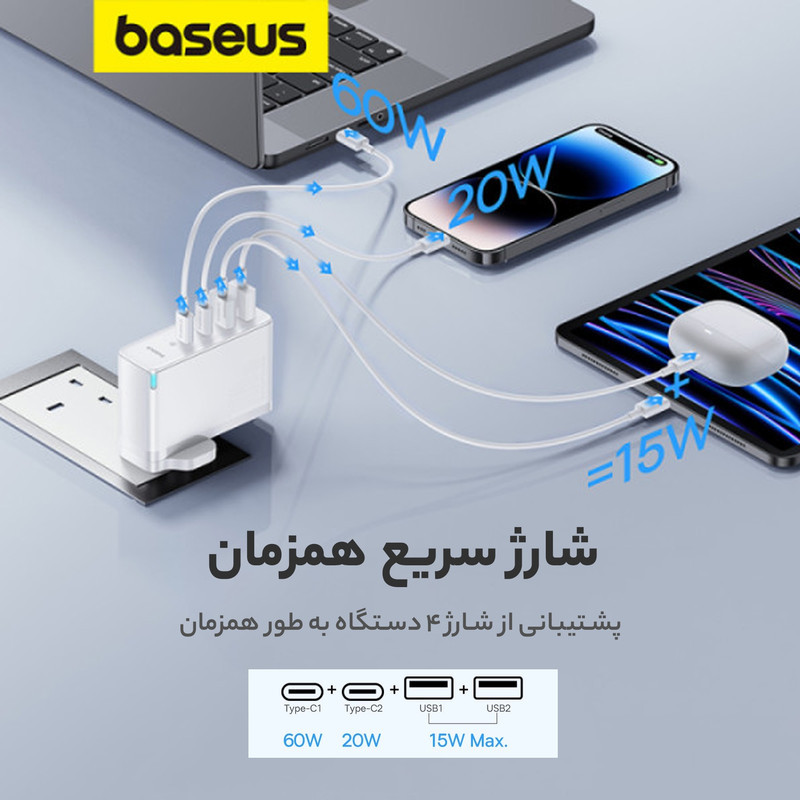 شارژر دیواری 100 وات بیسوس مدل GAN5 PRO 100W به همراه کابل USB-C