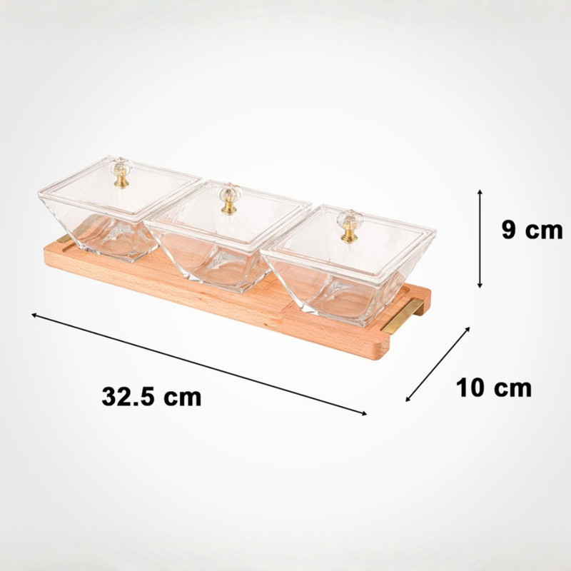 اردوخوری لیمون مدل FIDOKA-2242، با 3 خانه مربع شیشه‌ای، در اکریلیک و پایه چوبی، مناسب سرو پنیر، ابعاد 32×10×9، قابل شستشو با دست و ماشین ظرفشویی