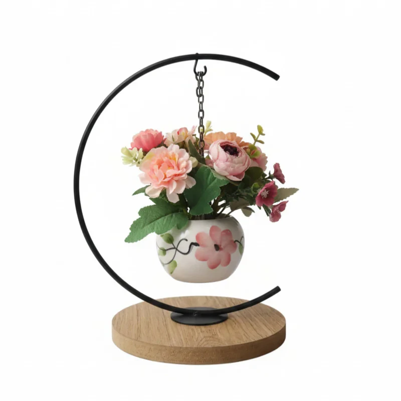 گلدان پایه‌دار رومیزی به همراه گل مصنوعی مدل Flower32 مناسب گل‌های آپارتمانی و کاکتوس با ابعاد 16x25x28 سانتی‌متر