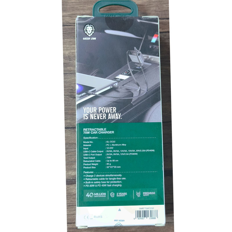 شارژر فندکی 45 وات گرین لاین مدل Retractable GL-CC22 به همراه کابل USB-C