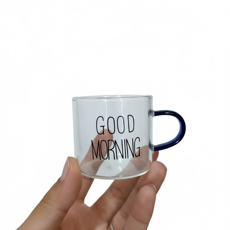 فنجان مدل شات قهوه پیرکس دسته رنگی طرح GOOD MORNING