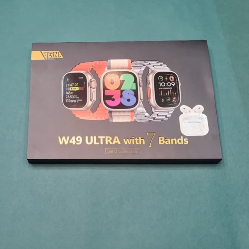 ساعت هوشمند ورنا مدل W49 Ultra with 7 bands and airpod pro دارای قابلیت های کنترل موسیقی (Music Player)، قابلیت مکالمه از طریق بلوتوث، پشتیبانی از زبان فارسی در منو و سیستم‌عامل، قابلیت تغییر طرح ساعت یا تم بند فلز