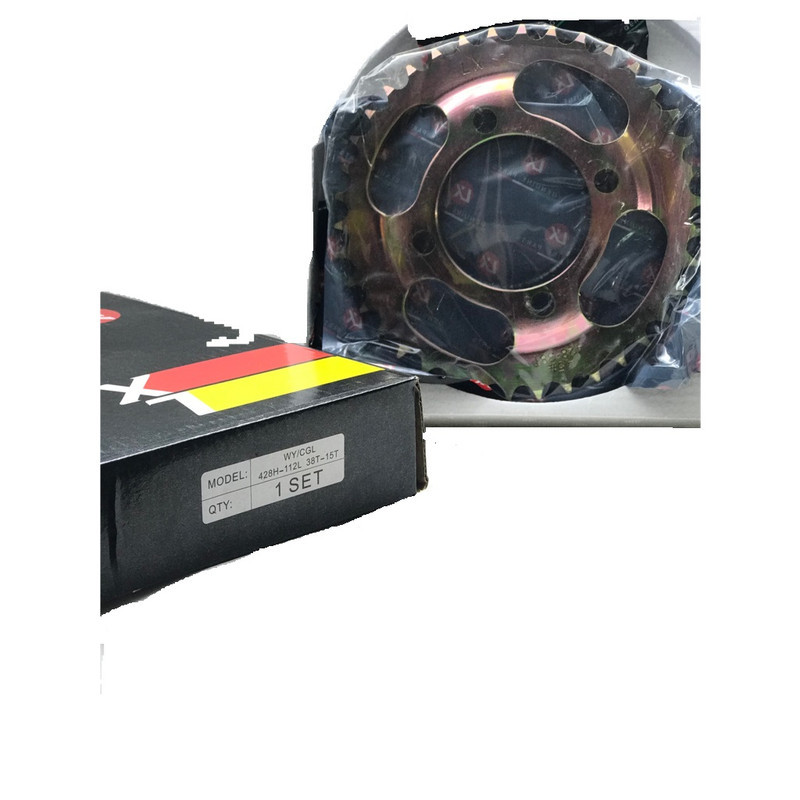 ست دنده زنجیر موتورسیکلت مدل LX کد CGL 38T15Tx428H-112L مناسب برای سی جی ال مجموعه 3 عددی