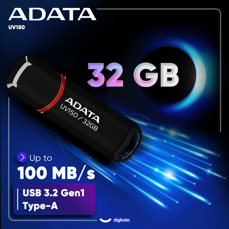فلش مموری ای دیتا مدل UV150 ظرفیت 32 گیگابایت با رابط USB 3.2 Gen1، سرعت خواندن 90 مگابایت بر ثانیه، سرعت نوشتن 40 مگابایت بر ثانیه، طراحی درپوش‌دار و سازگار با ویندوز، مک و لینوکس