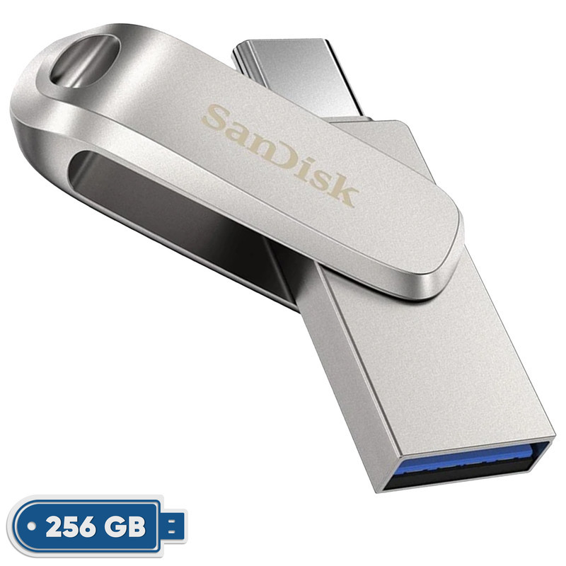 فلش مموری سن دیسک Ultra Dual Drive Luxe ظرفیت 256 گیگابایت با طراحی چرخشی، دو رابط USB Type-C و USB Type-A، استاندارد USB 3.2 Gen1، بدنه فلزی و سازگار با تبلت، گوشی، کامپیوتر و مک
