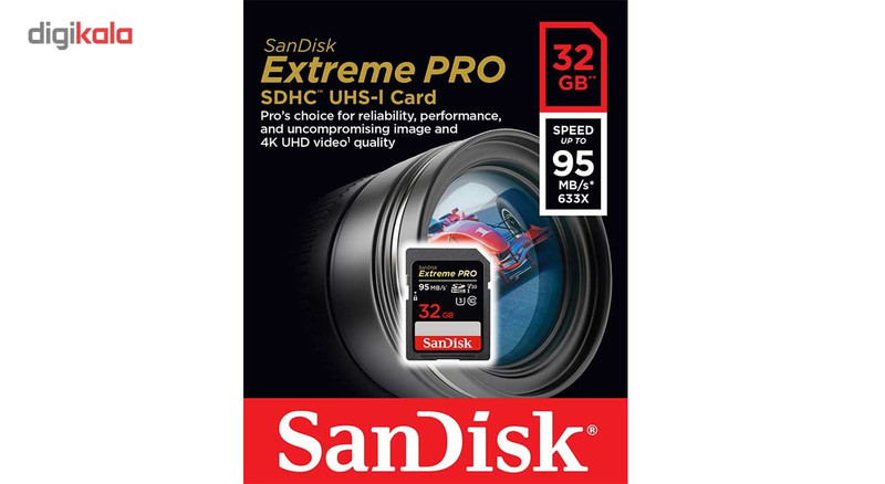 کارت حافظه SDHC سن دیسک مدل Extreme Pro V30 کلاس 10 استاندارد UHS-I U3 سرعت 633X 95MBps ظرفیت 32 گیگابایت